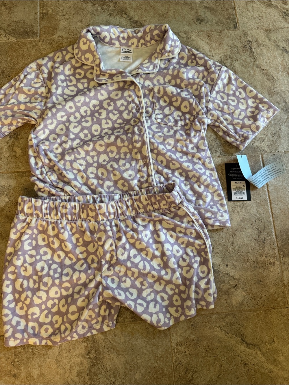 NWT art class girls Leopard Print Pajama Set short sleeve & shorts fleece XL/14